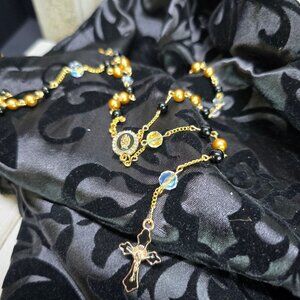 Handcrafted Black and Gold Rosary w/ Glass Pearls & Faceted Beads Christmas Gift